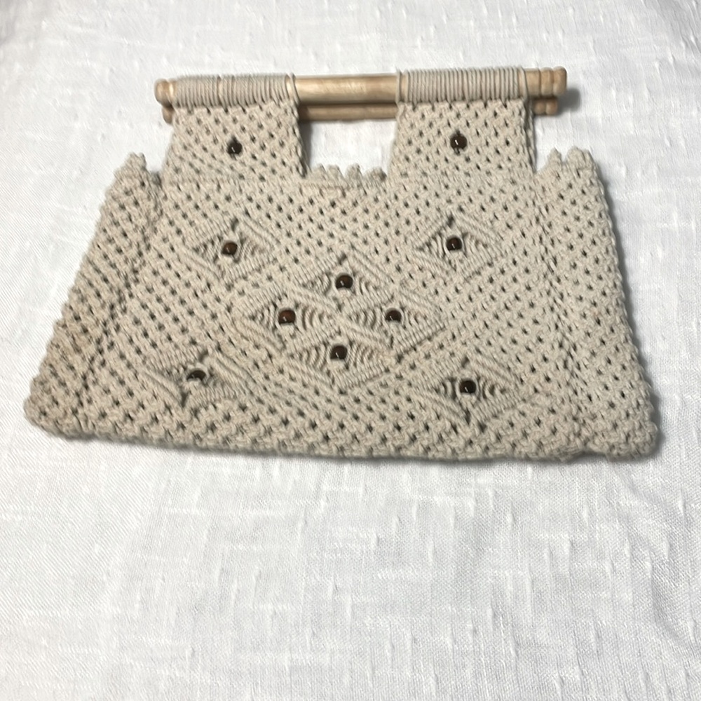 Handcrafted Beige Satchel with Wooden Handles